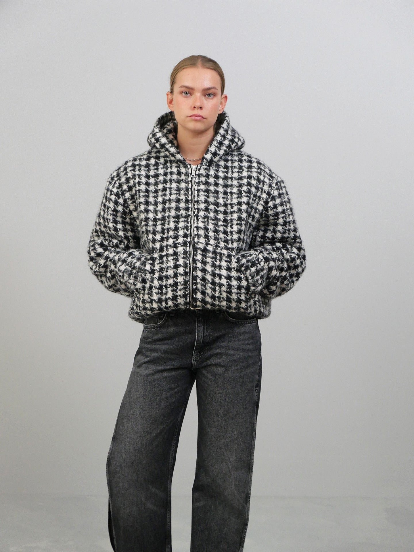 Hooded Zip-Up Jacket In Boucle - White/Black