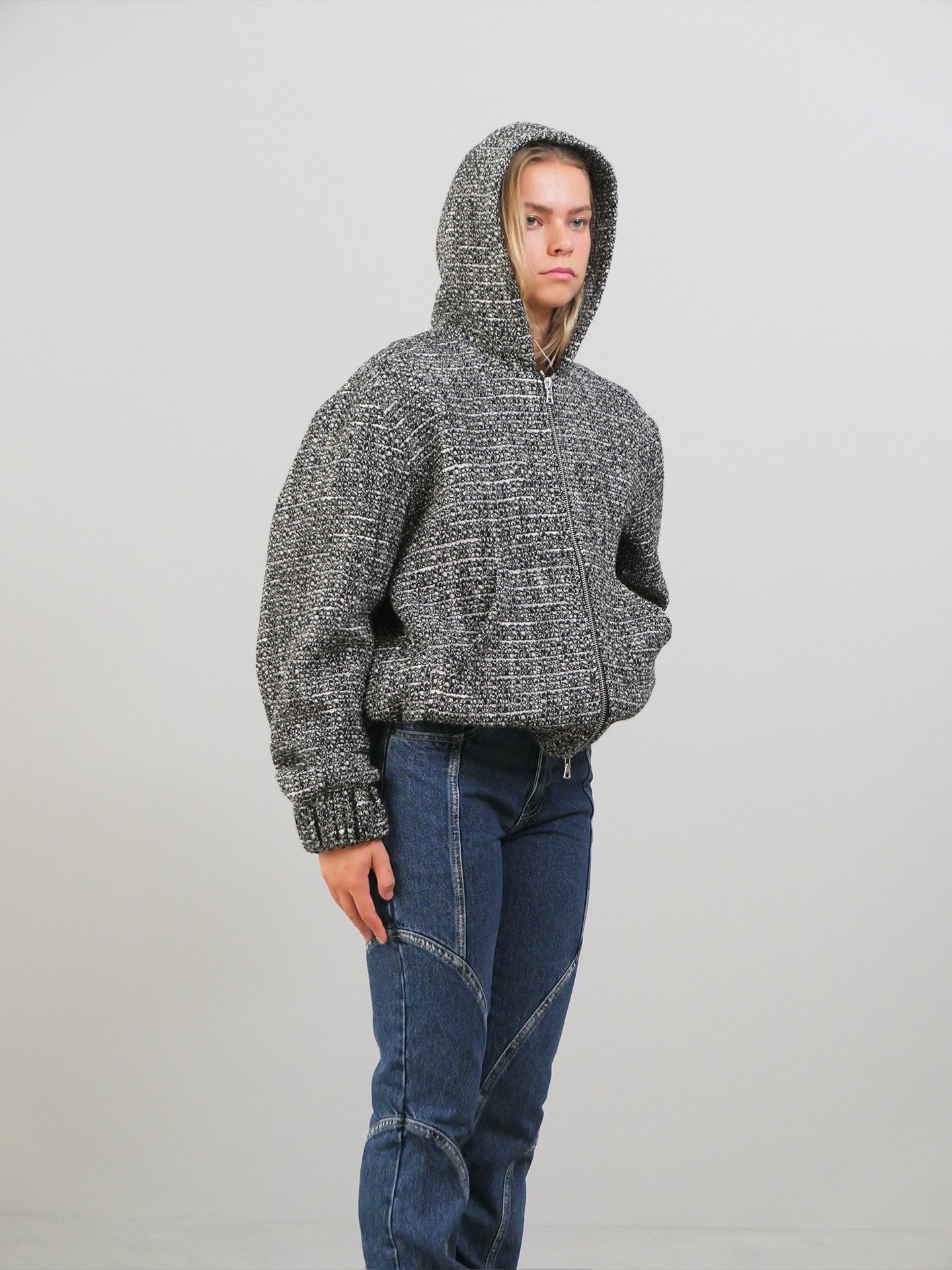 Hooded Zip-Up Jacket In Boucle - Black/Grey