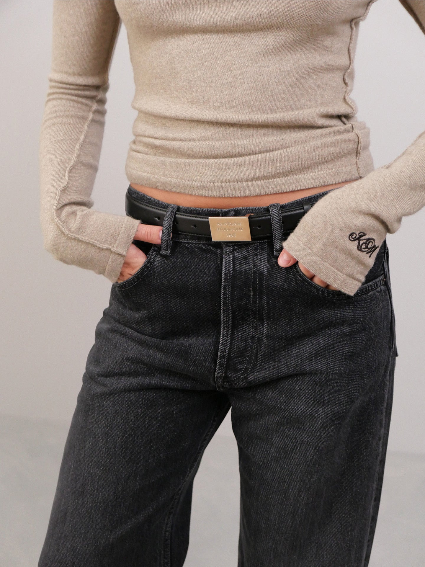 Engraved Logo Leather Belt - Black