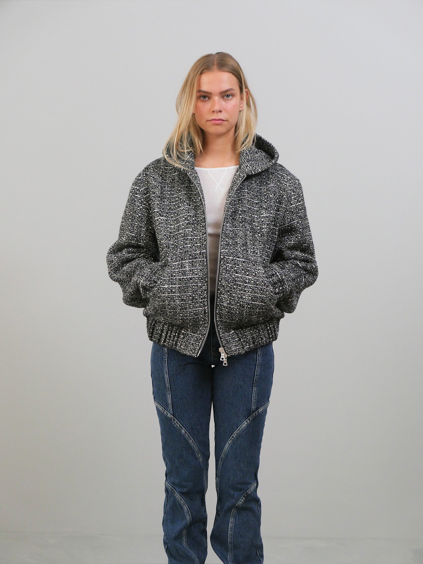 Hooded Zip-Up Jacket In Boucle - Black/Grey