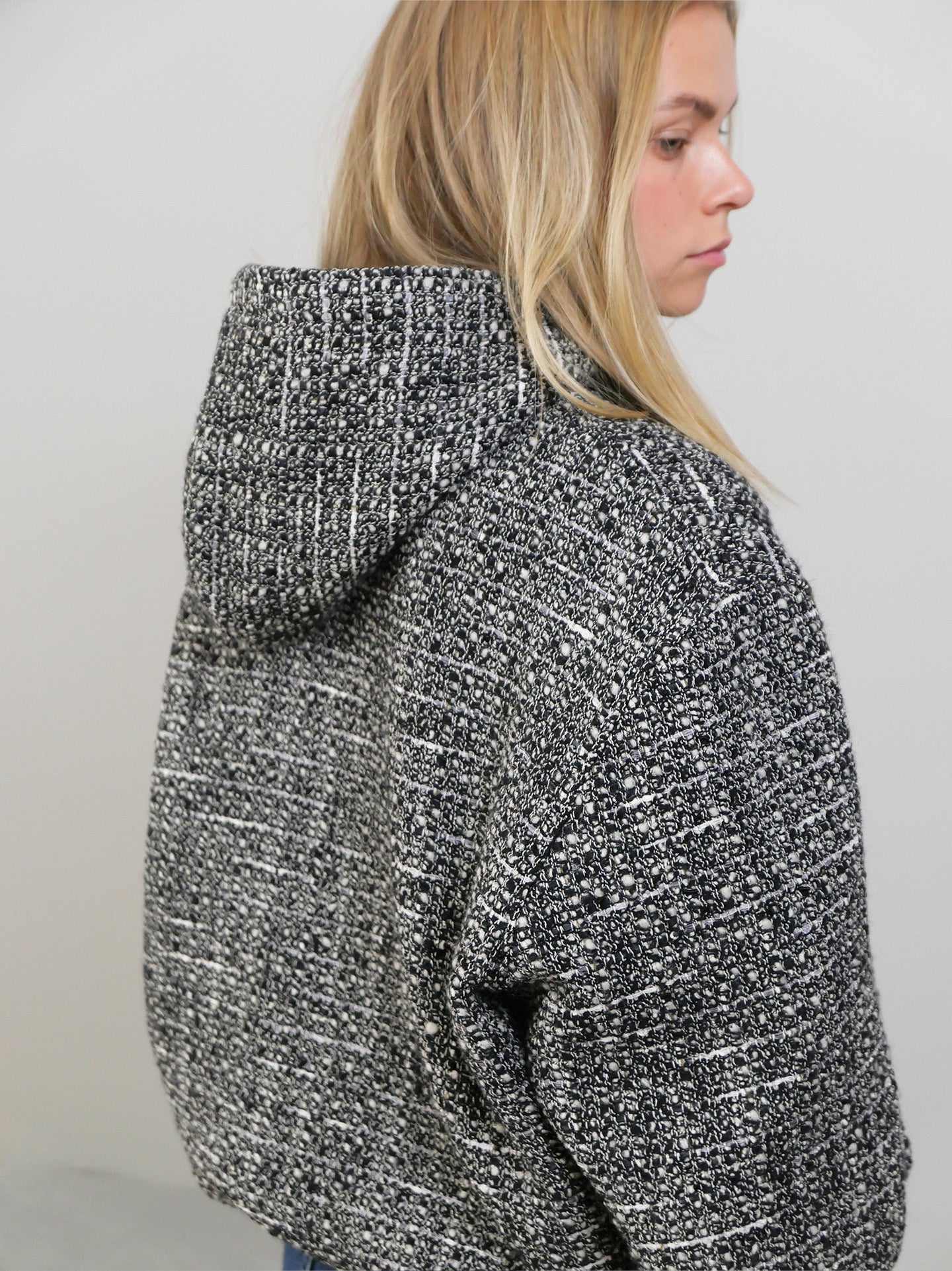 Hooded Zip-Up Jacket In Boucle - Black/Grey