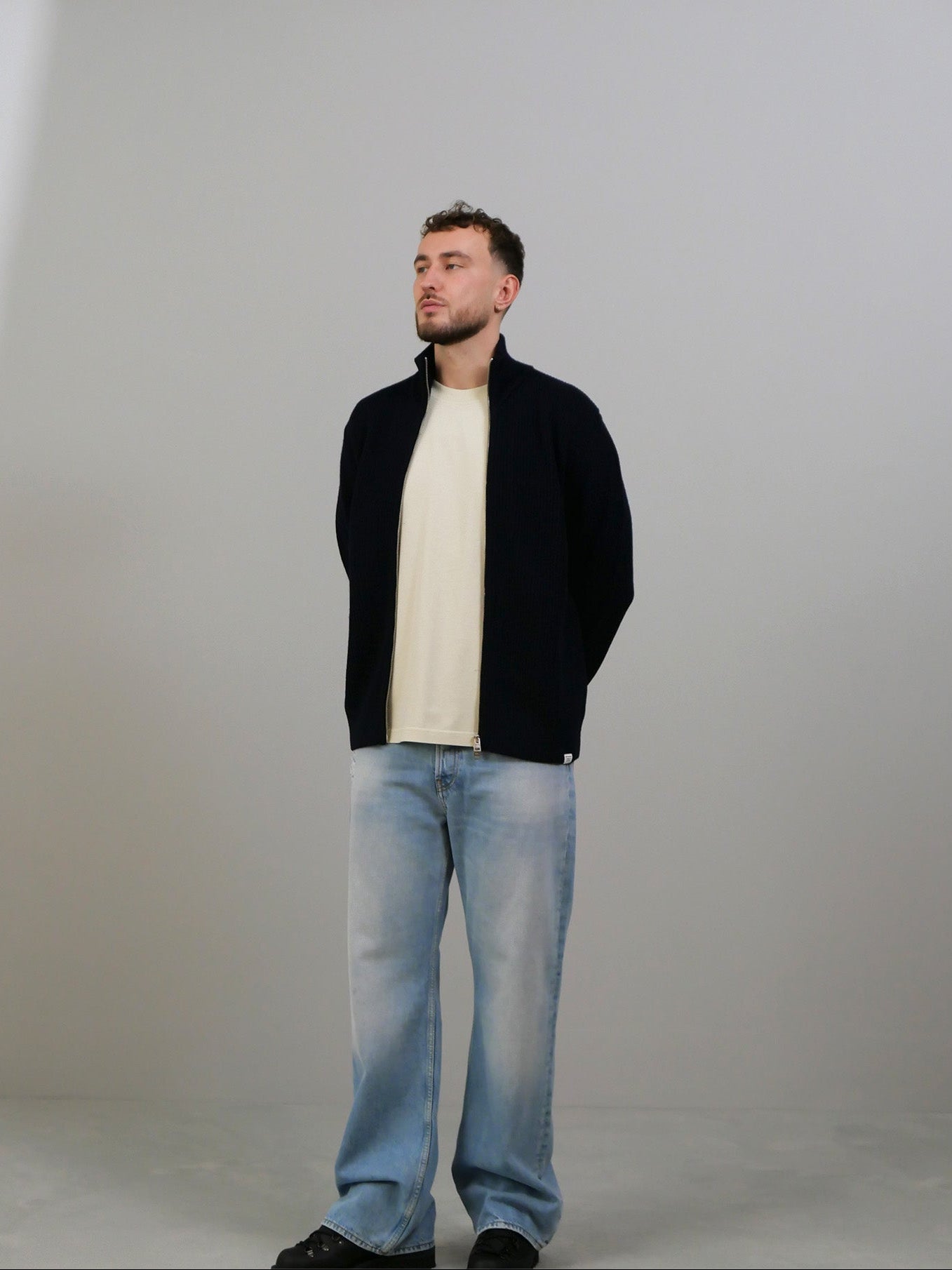 Hagen Wool Cotton Rib Full Zip Jacket - Dark Navy